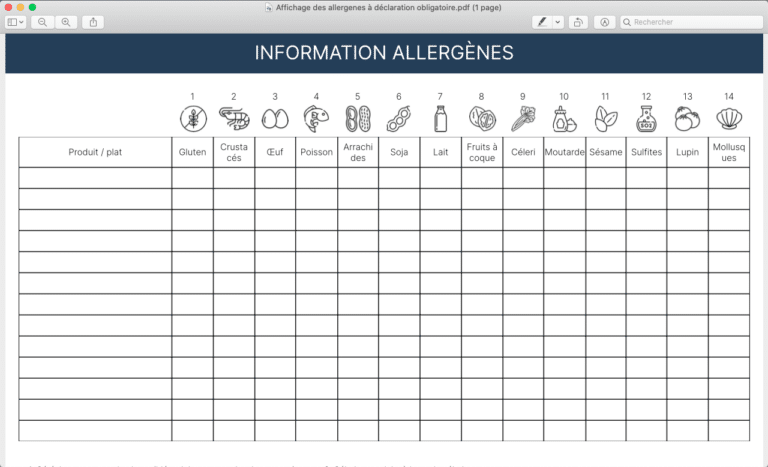 Tableaux allergènes en restauration - PDF et Excel (GRATUIT)