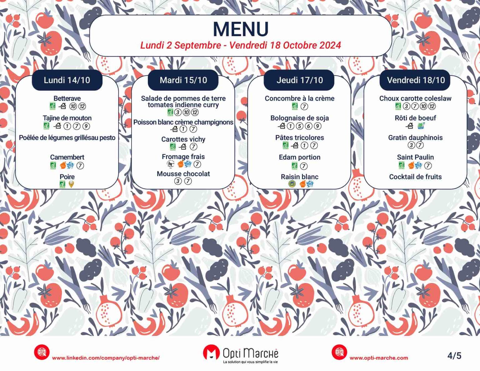 Menus cantine scolaire Septembre à Décembre 2024 - GRATUIT