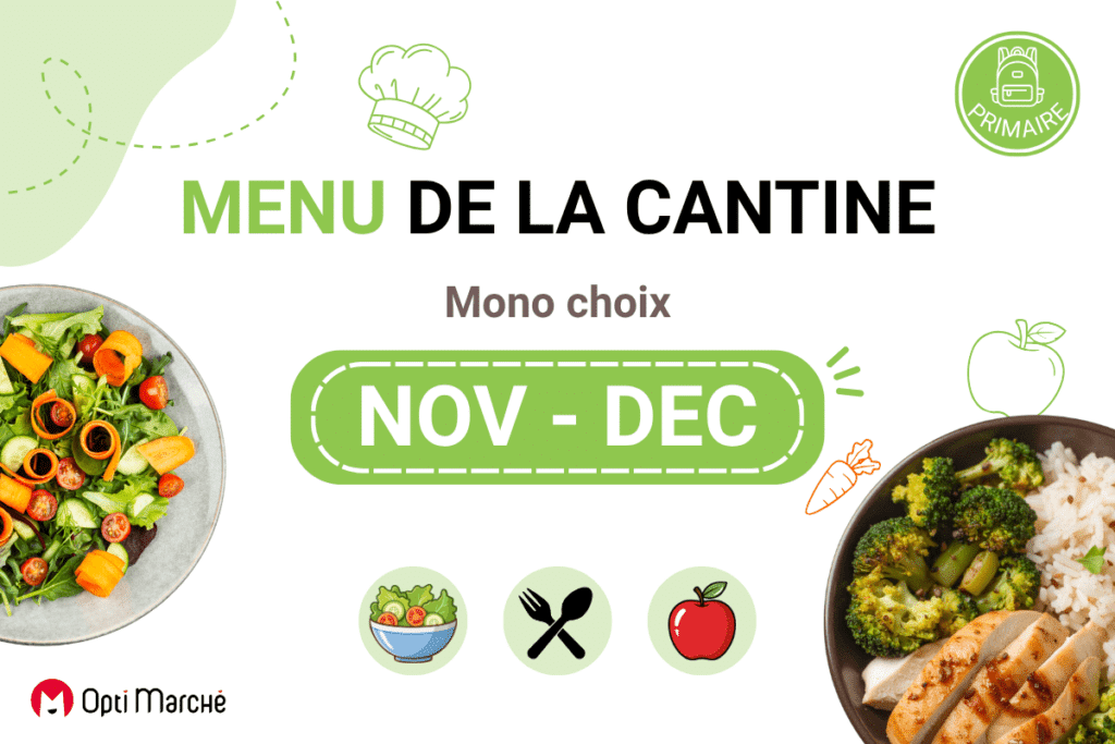 Menu cantine primaire – Novembre à Noël (cycle de menus scolaires)