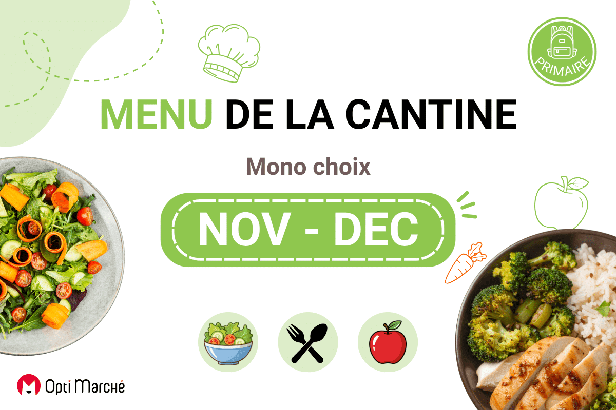 Menu cantine primaire – Novembre à Noël (cycle de menus scolaires)